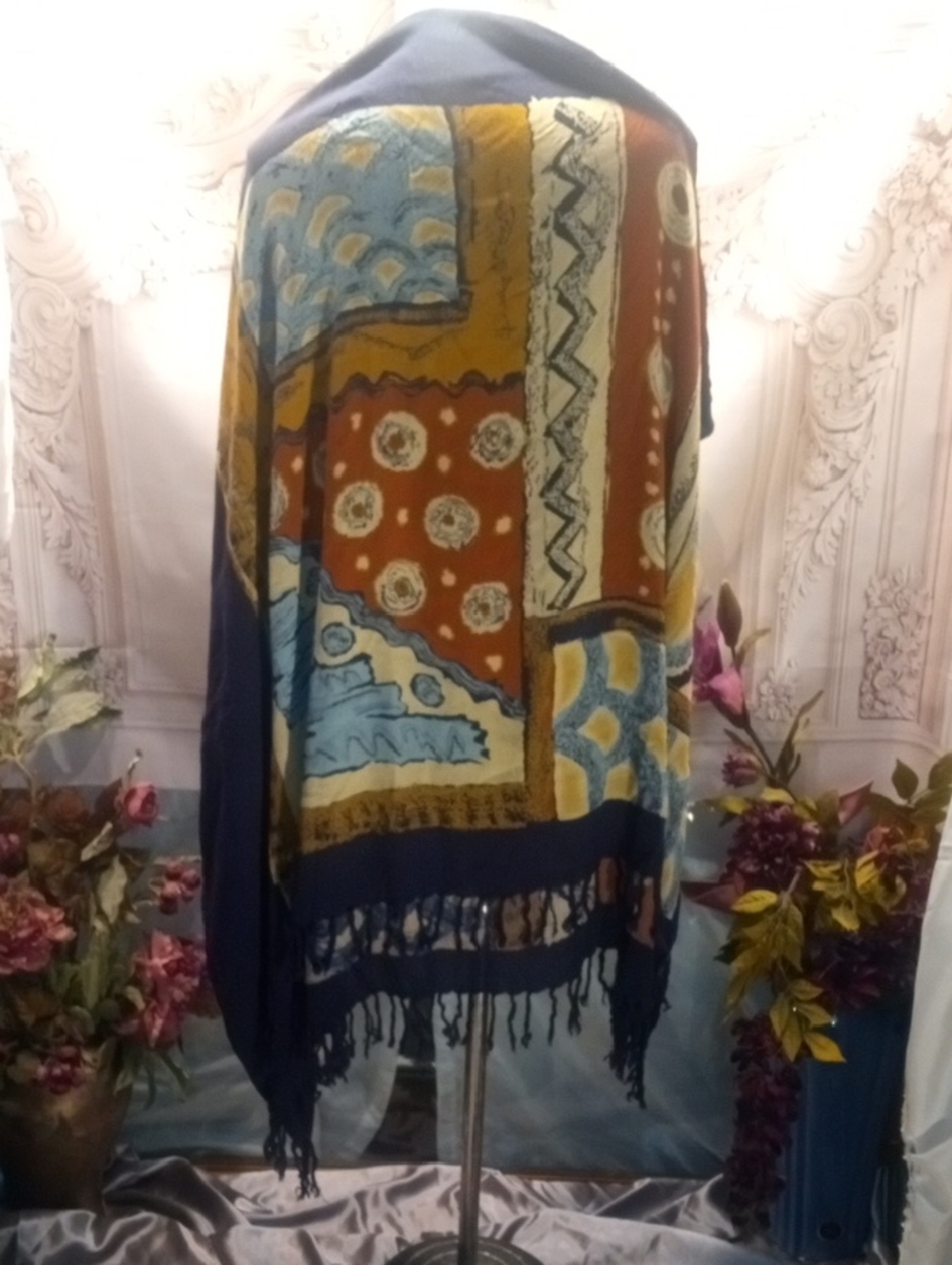 Boho Patchwork Fringe Wrap Scarf in Navy, Mustard & Rust